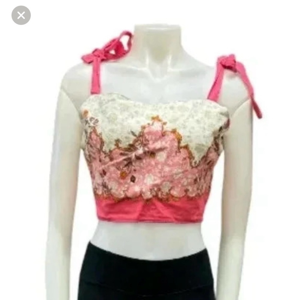 Rachel Zoe NWT Linen Blend Crop Tank Tie Up Floral Pink/White/Gold Size Medium